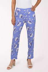 Women wearing a lilac blue pull-on ankle pant with white flowers