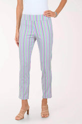 Multicolored striped pants worn by a person on a white background