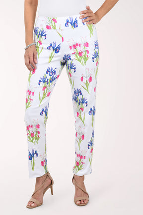 Floral-patterned pants worn by a person on a white background