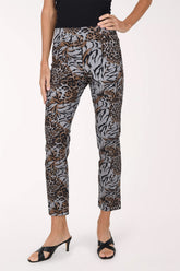 Women wearing tiger print pull-on ankle pants