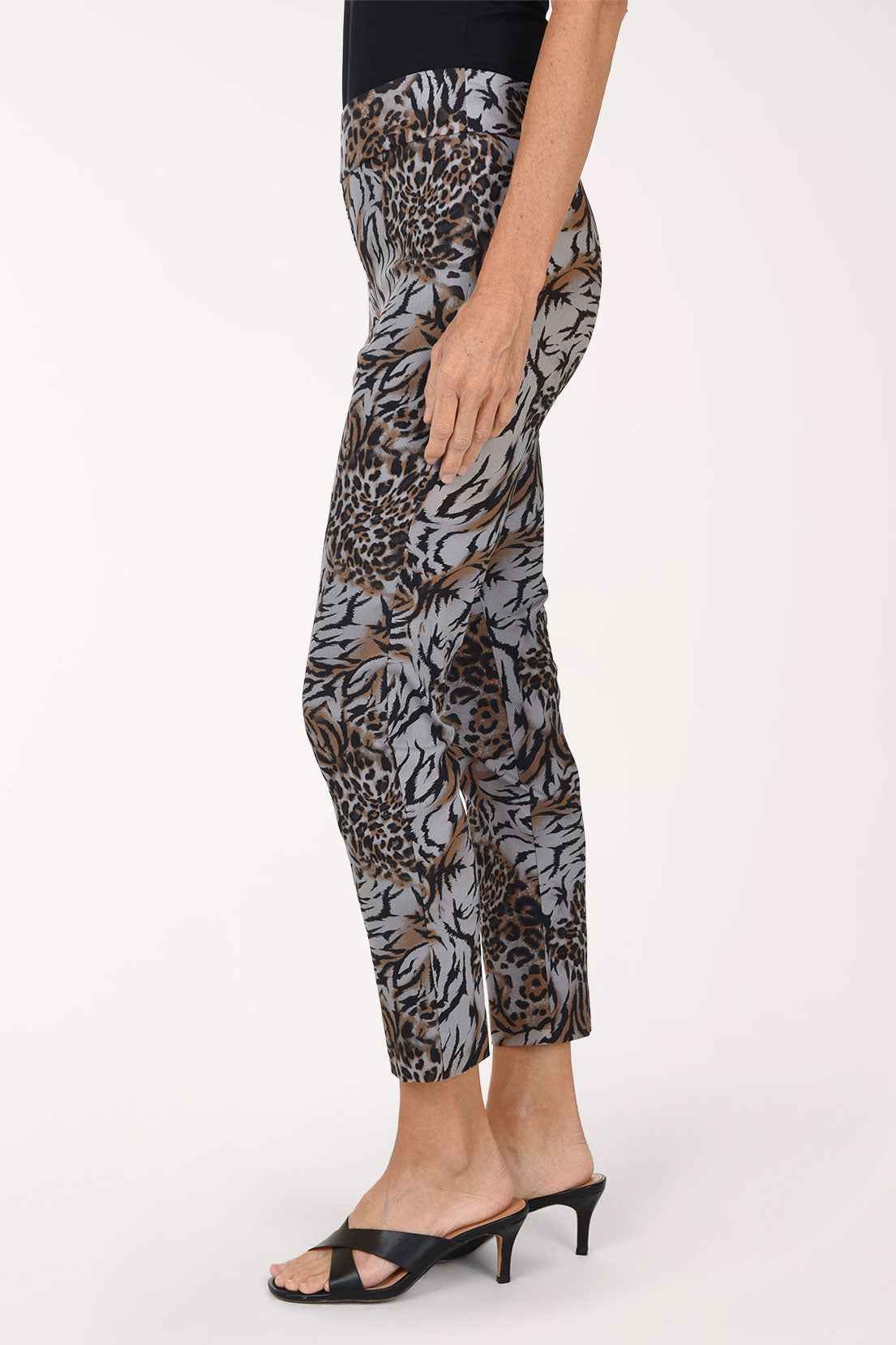 Women wearing tiger print pull-on ankle pants