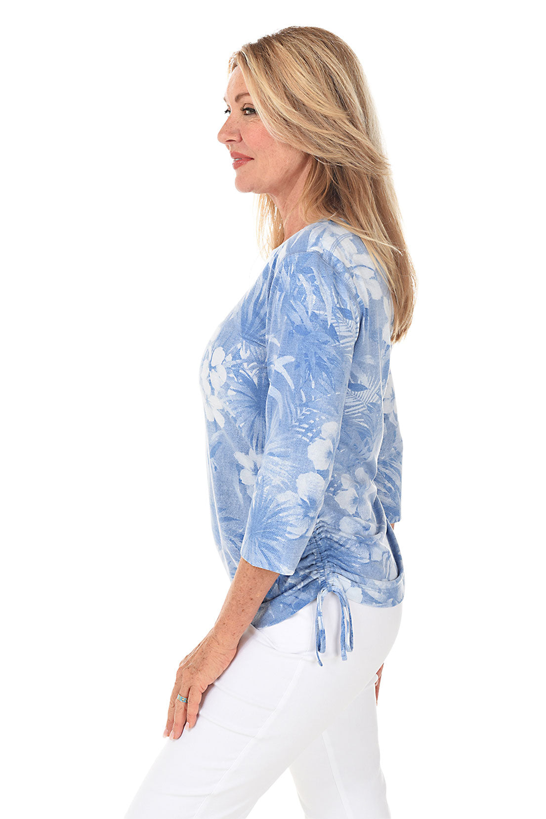 Chambray Floral Impressions Side Shirred Knit Top