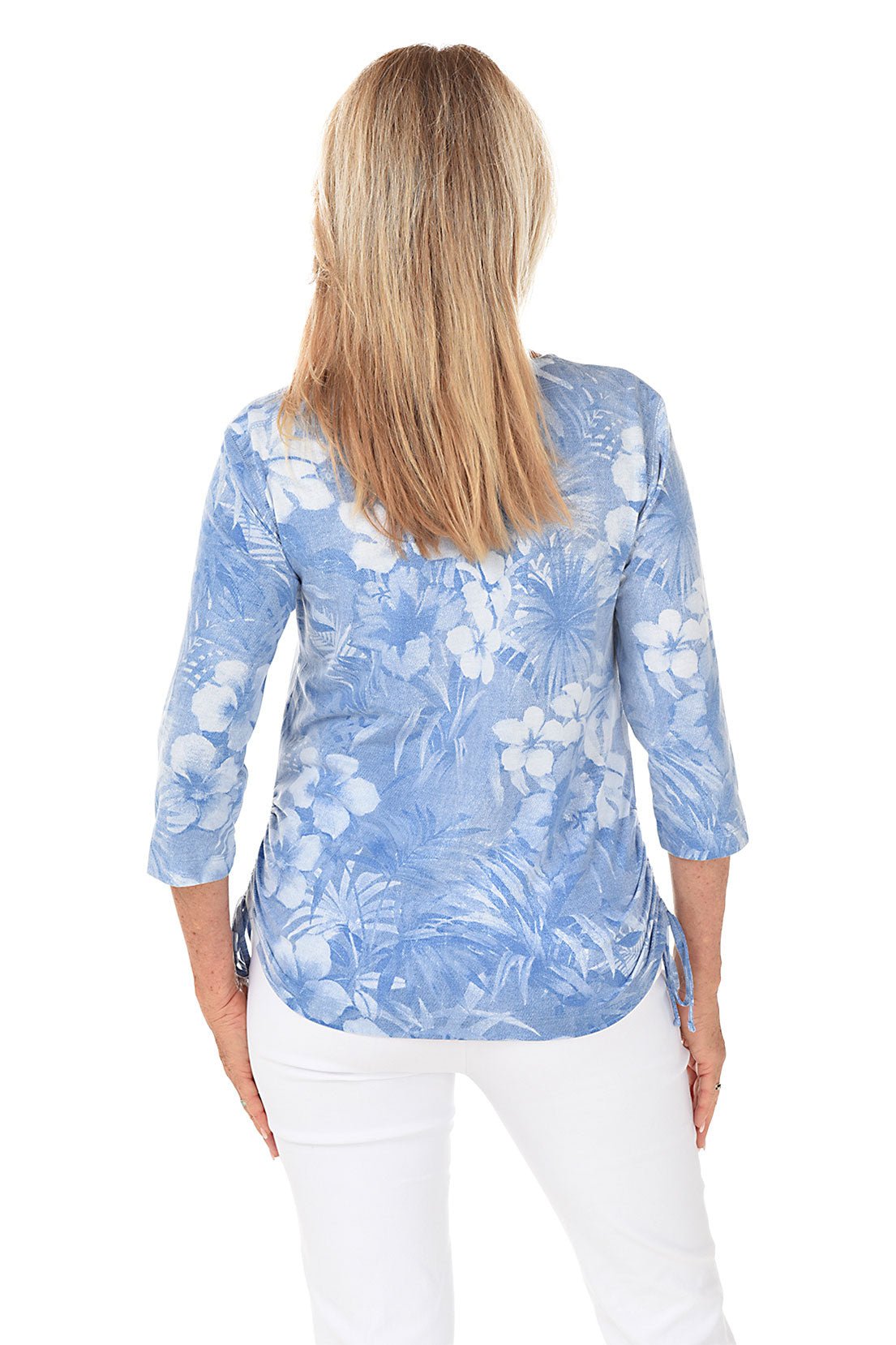 Chambray Floral Impressions Side Shirred Knit Top