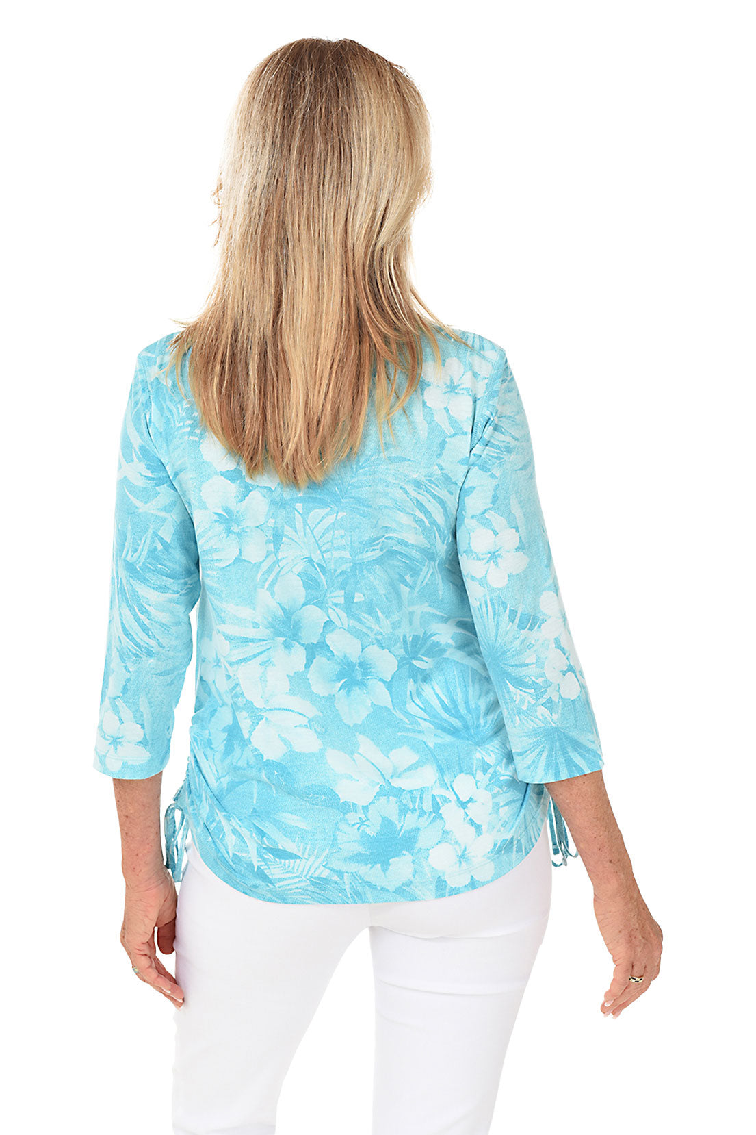 Aqua Floral Impressions Side Shirred Knit Top