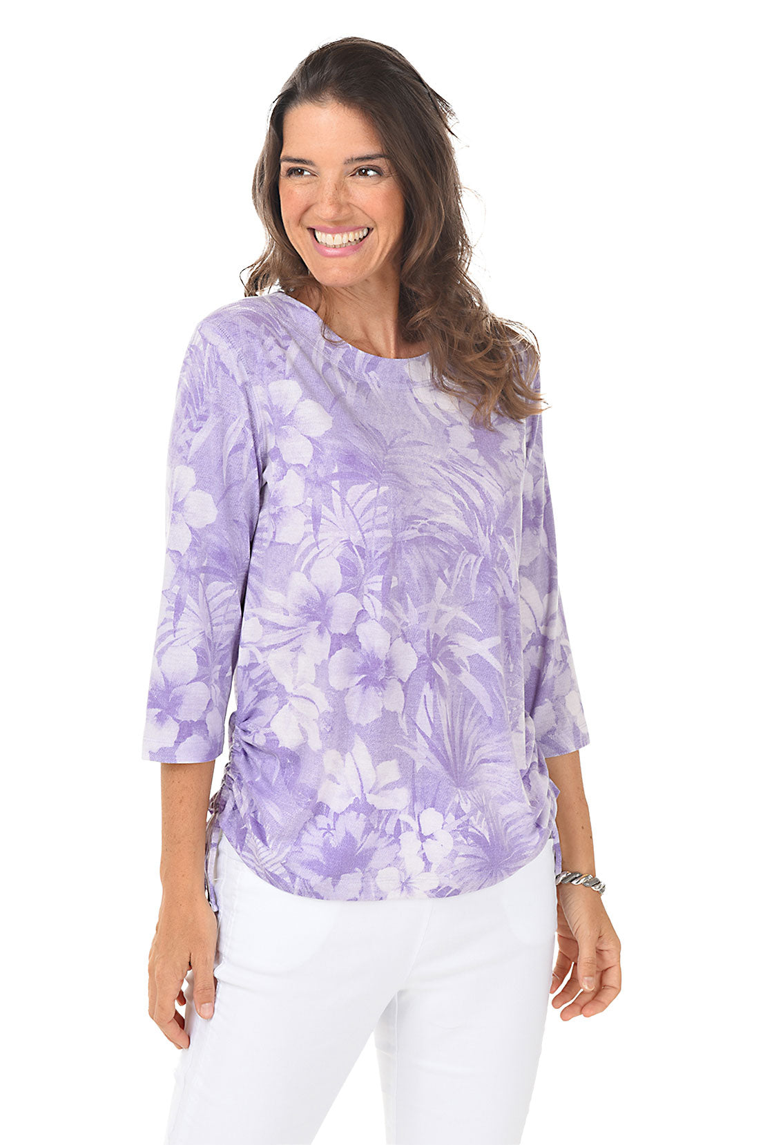 Purple Floral Impressions Side Shirred Knit Top