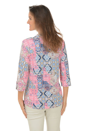 Rose Amour Pleated Patch Print Top