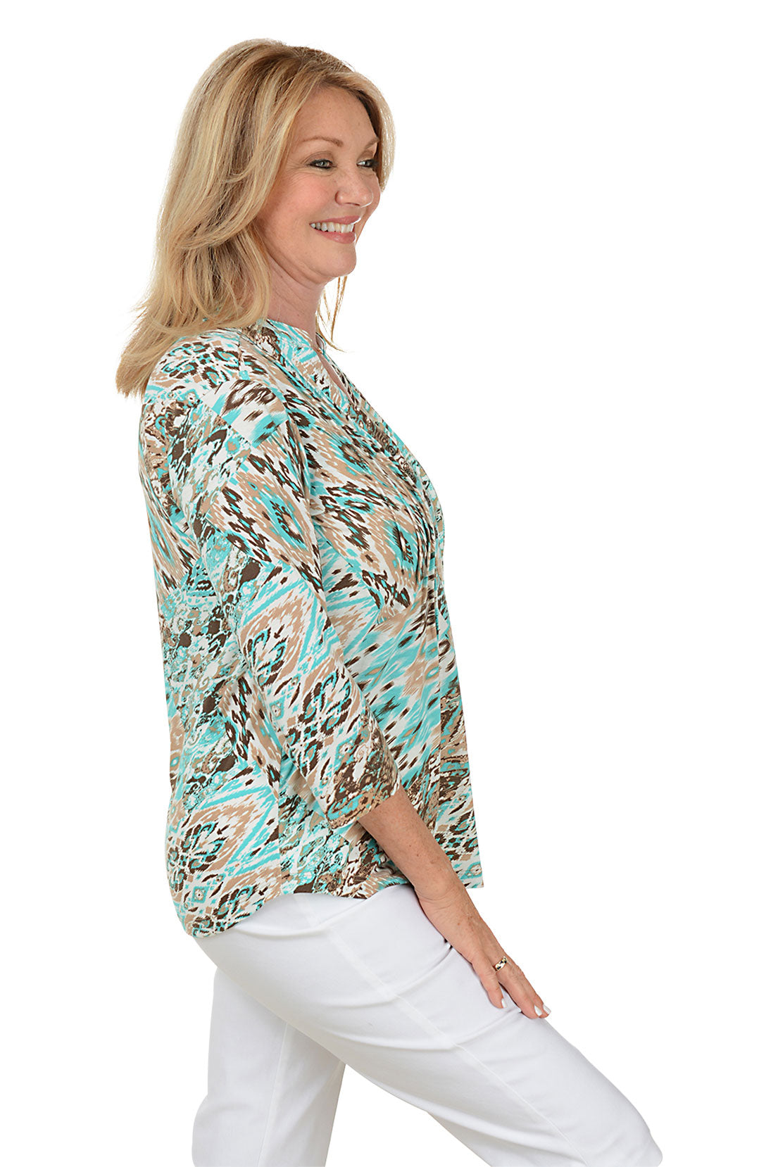 Ikat Splash Pleated Front Top