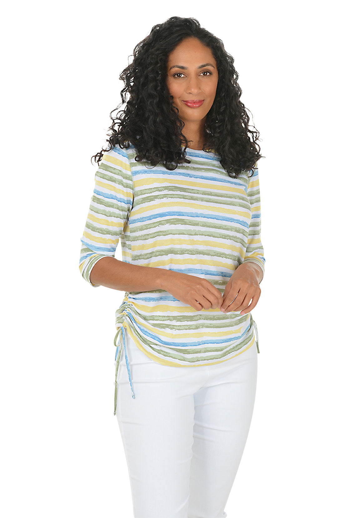 Woman wearing a striped long-sleeve top and white pants on a white background. Second front shot.