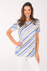 Woman wearing a striped shirt on a white background