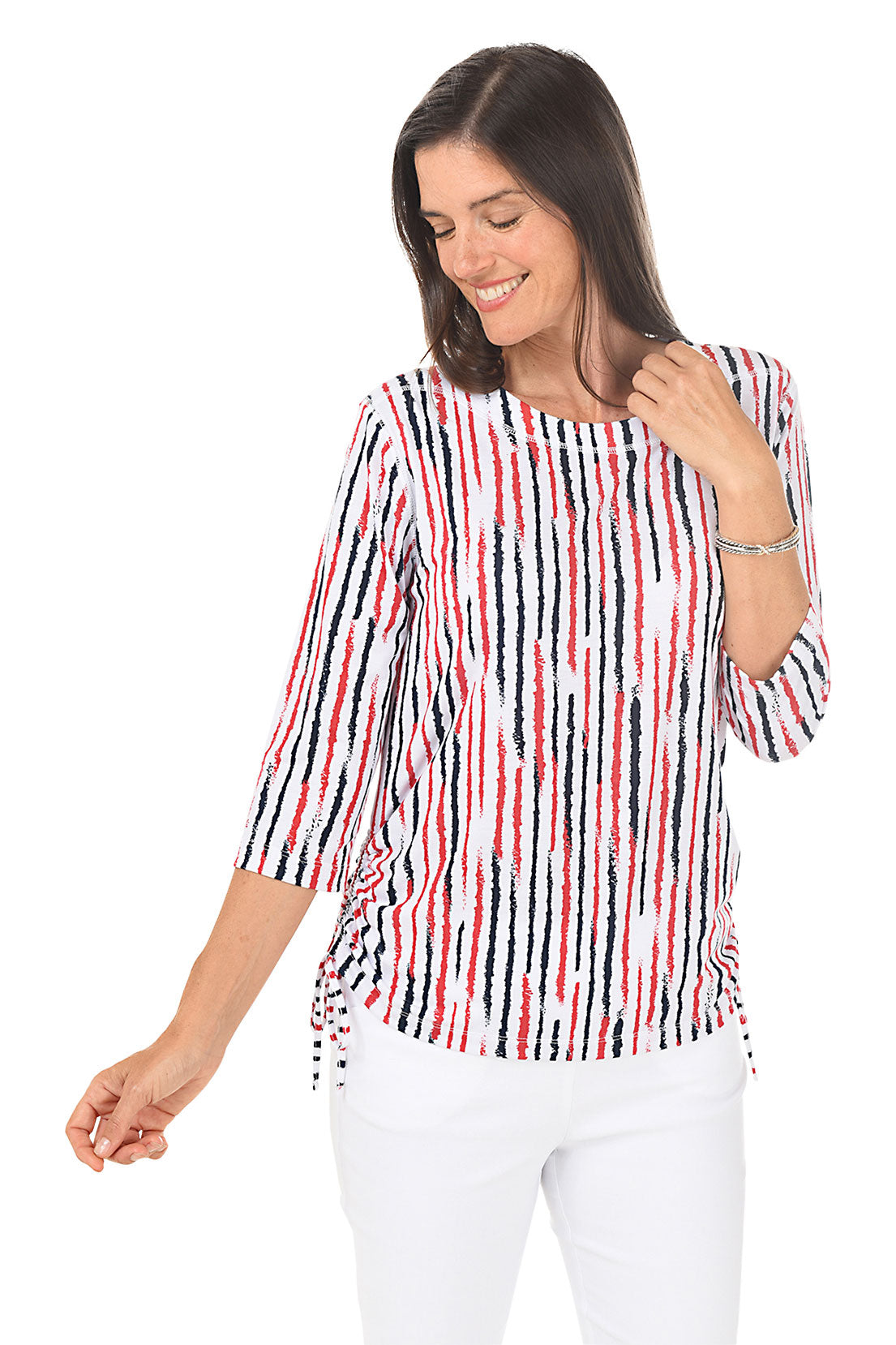 Red Pinstripe Side Shirred Knit Top