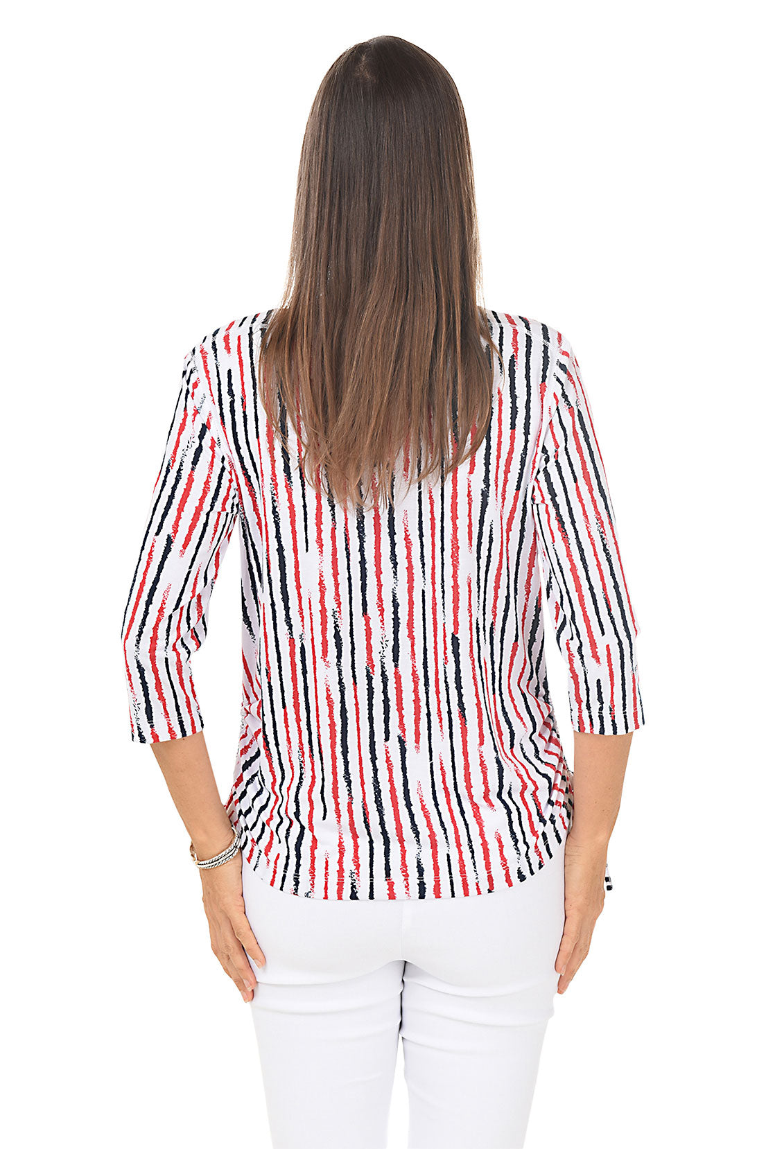 Red Pinstripe Side Shirred Knit Top