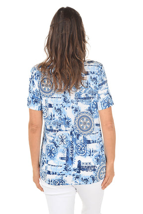 Blue Pocketwatch Pleated Short Sleeve Top