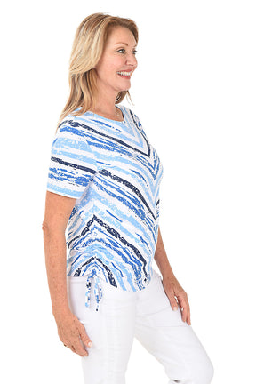 Blue Sketched Chevron Short Sleeve Top
