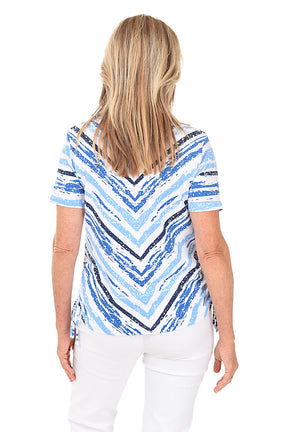 Blue Sketched Chevron Short Sleeve Top