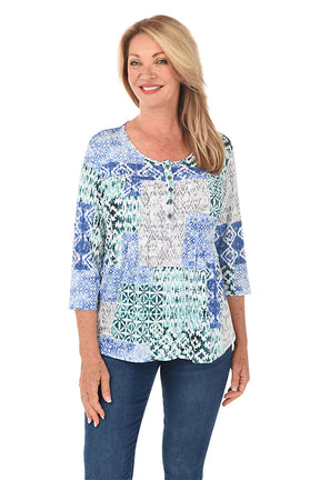 Patchwork Print Pleated Henley Top