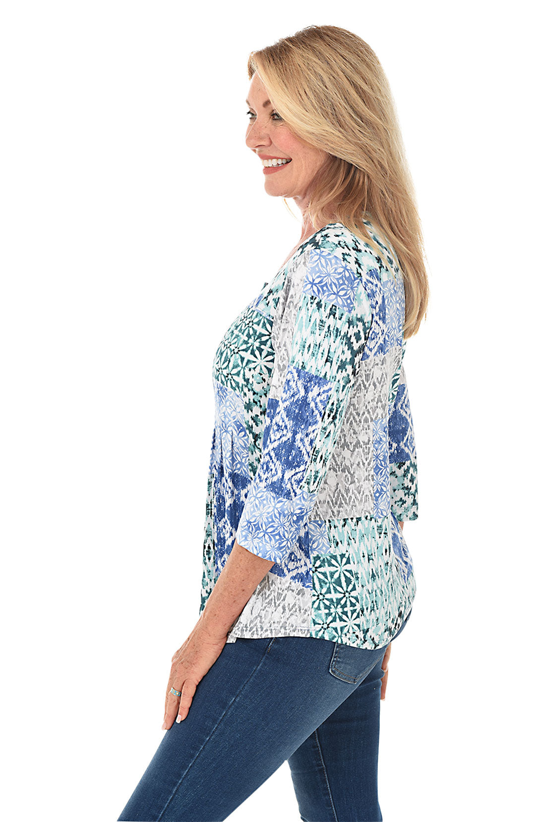 Patchwork Print Pleated Henley Top