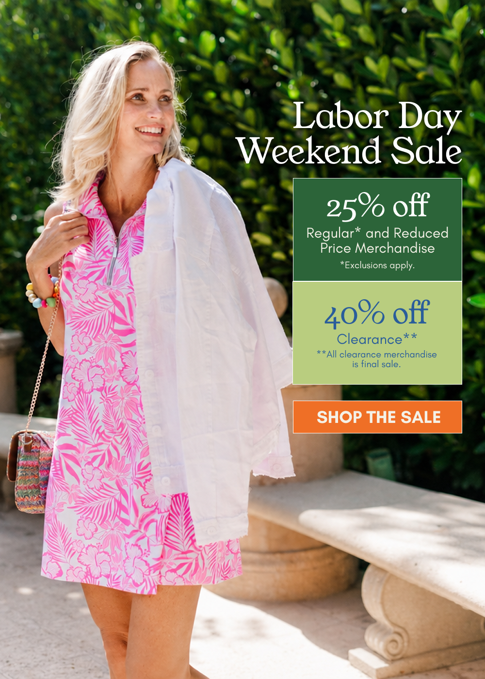 A woman stands outdoors in front of a green hedge wearing a pink and white tropical print dress, holding a white jacket draped over her arm, with promotional sale text and discount boxes overlaid on the right side of the image.