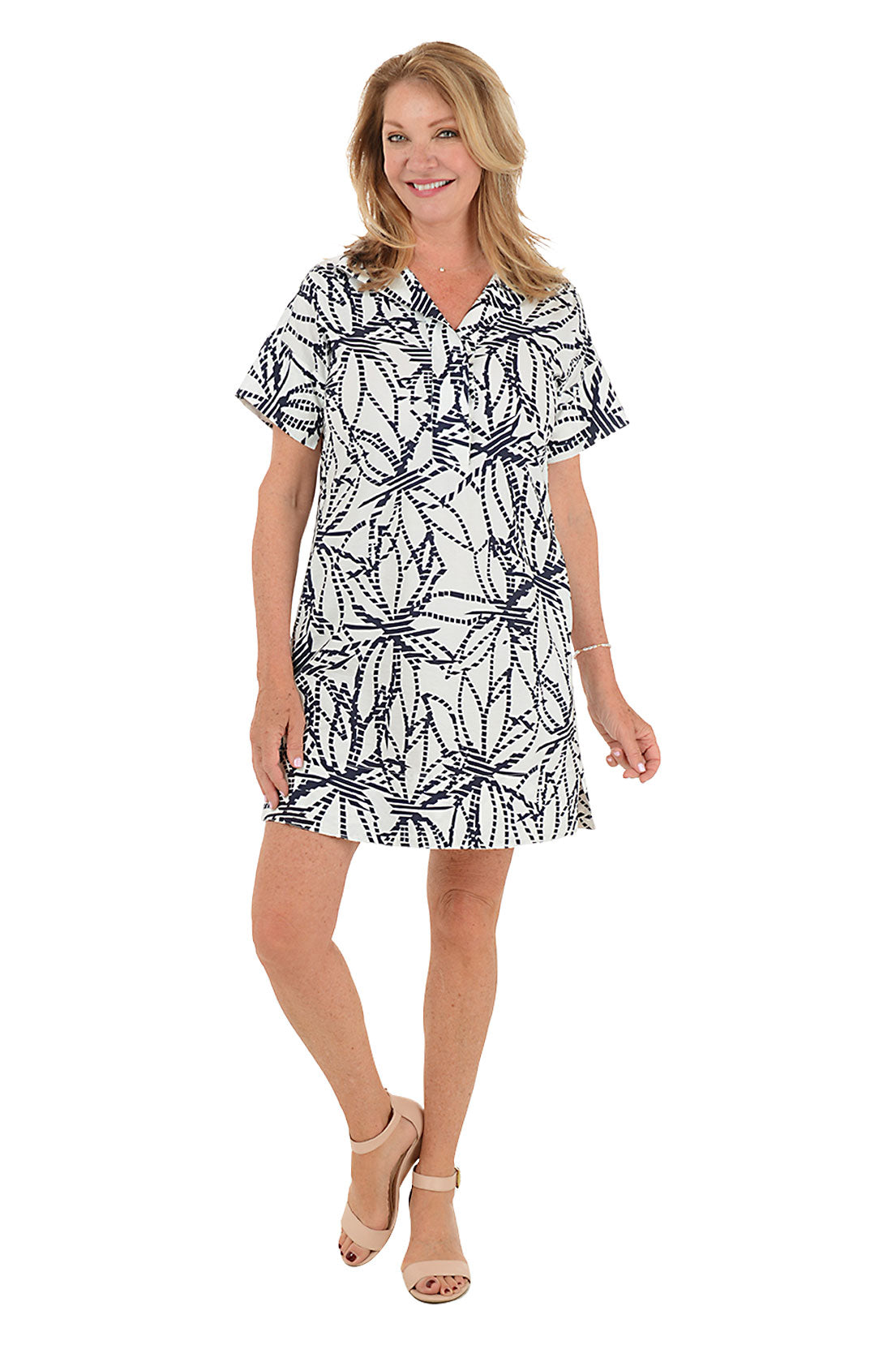 Dashed Flower Collared Short Sleeve Dress