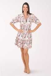 Abstract Design Collared Ruffle Hem Dress