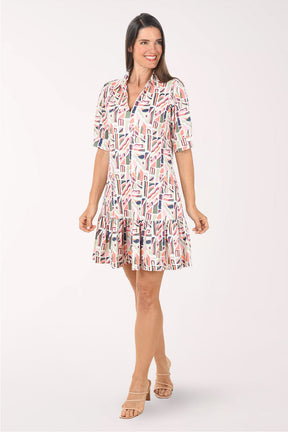 Abstract Design Collared Ruffle Hem Dress