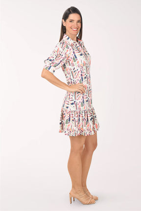 Abstract Design Collared Ruffle Hem Dress