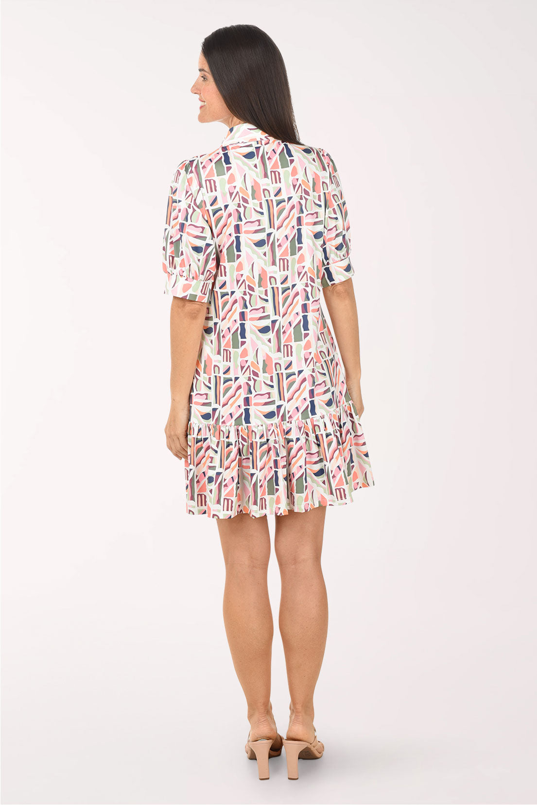 Abstract Design Collared Ruffle Hem Dress