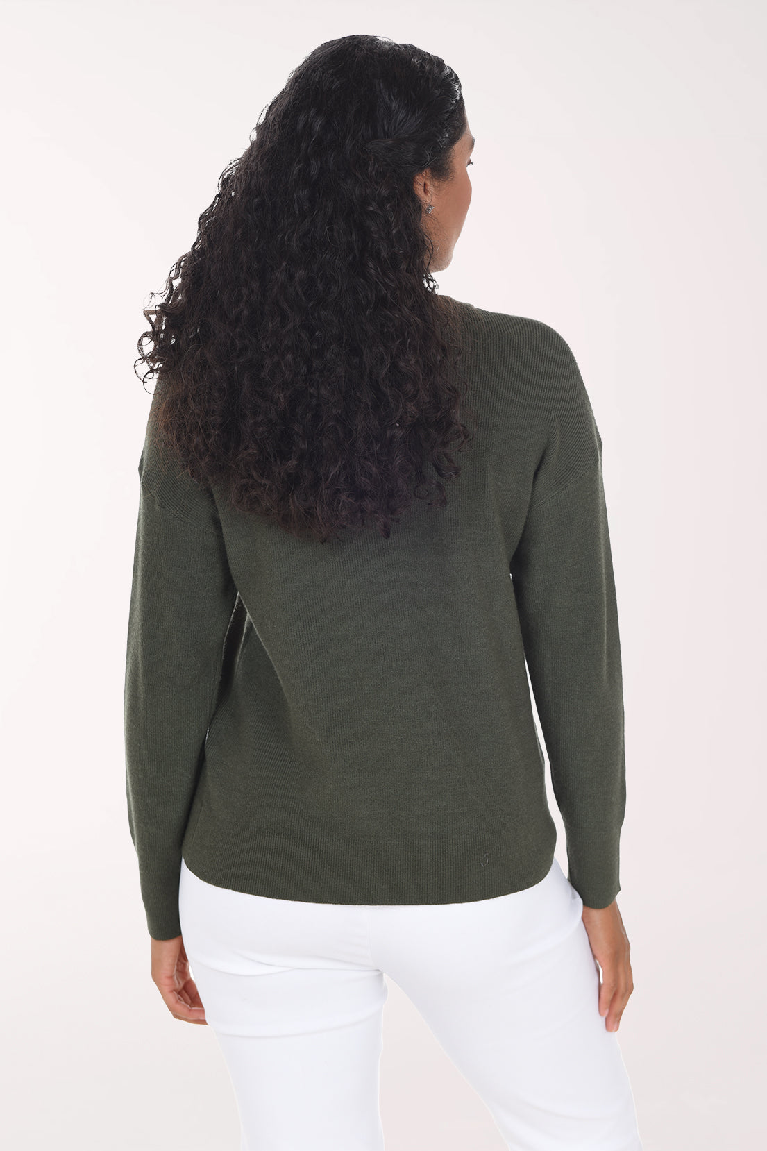 Back view of the plain olive green crewneck sweater with a straight hem.