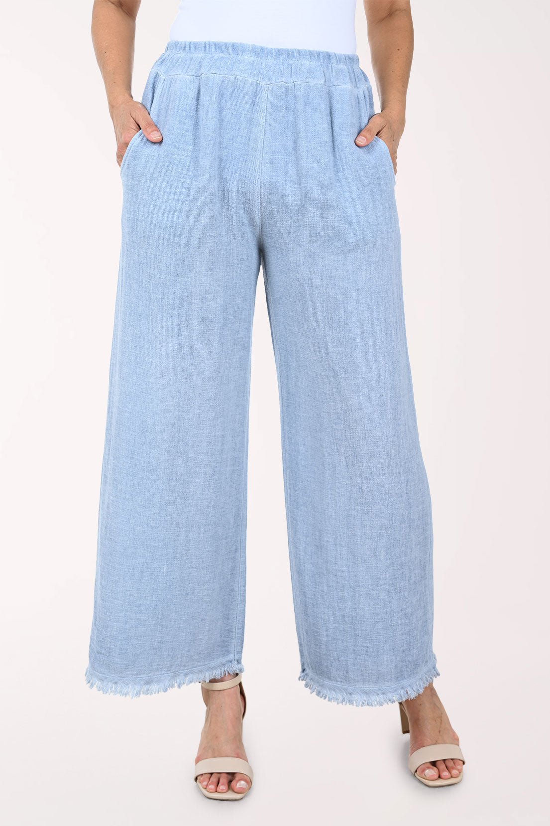 Light blue wide-leg pants worn by a person on a white background
