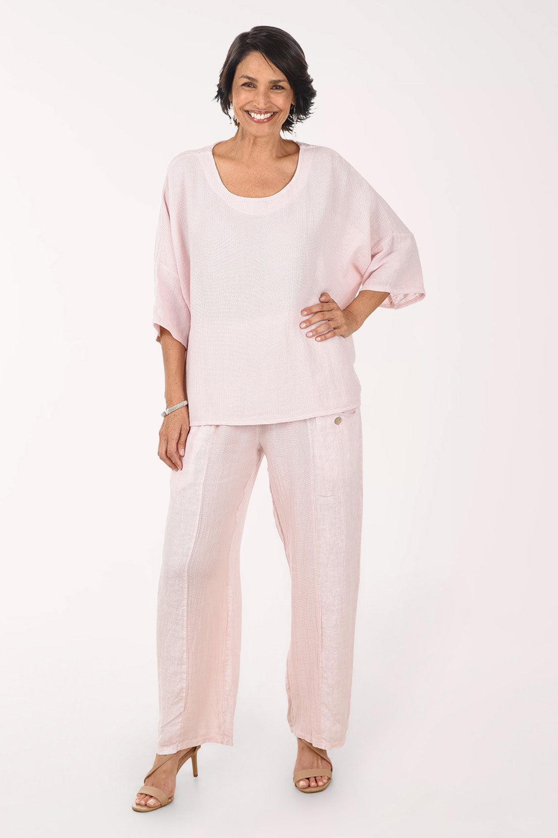 Mesh Accented Linen-Blend Gauze Pant | Look Mode