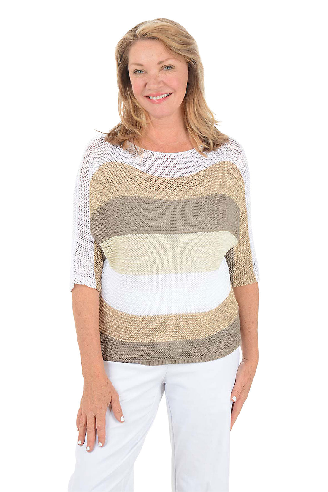 Woman wearing a striped sweater with a white background.