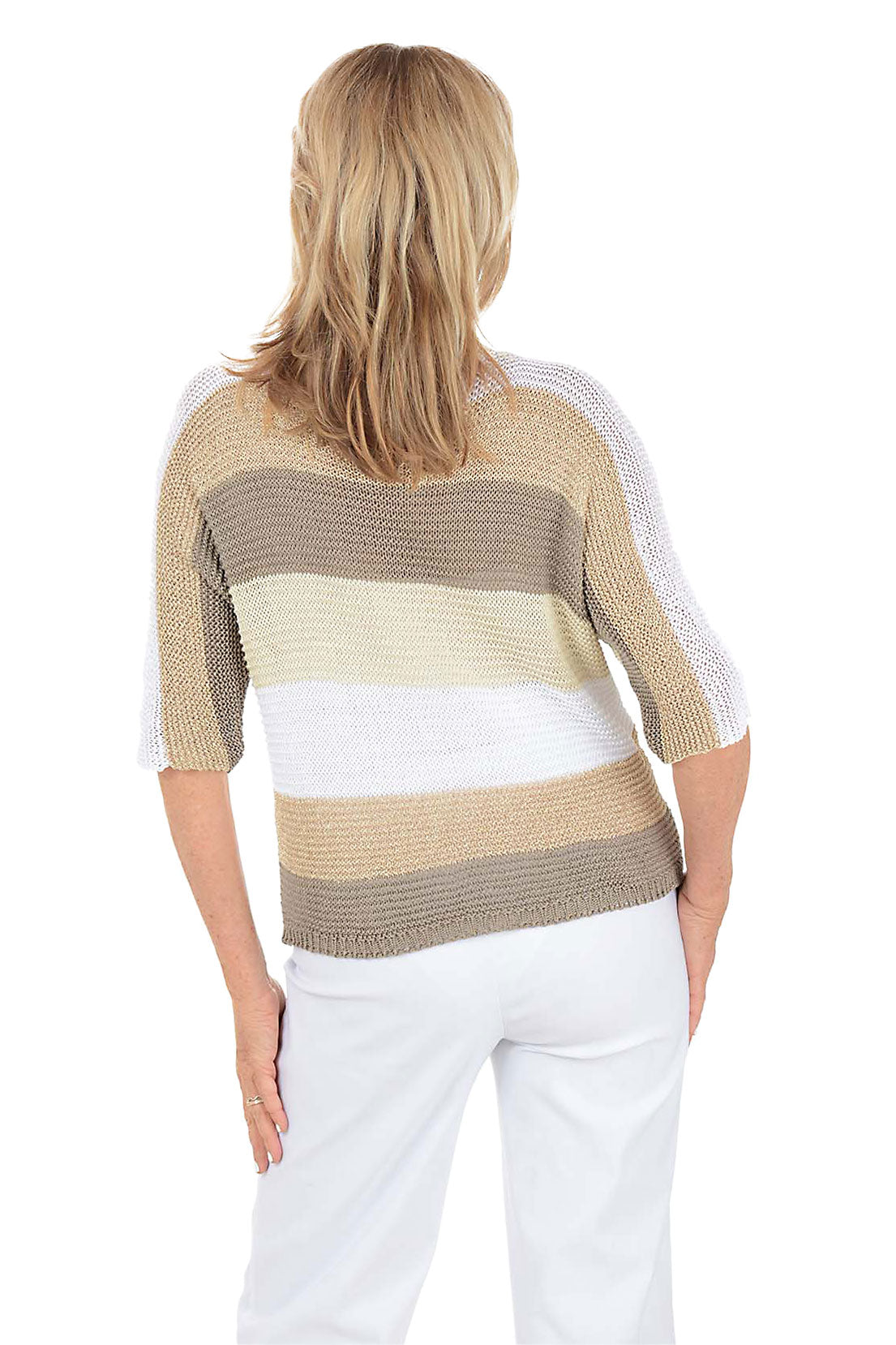 Woman wearing a striped sweater with a white background. Back shot.