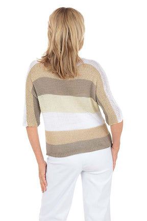 Woman wearing a striped sweater with a white background. Back shot.