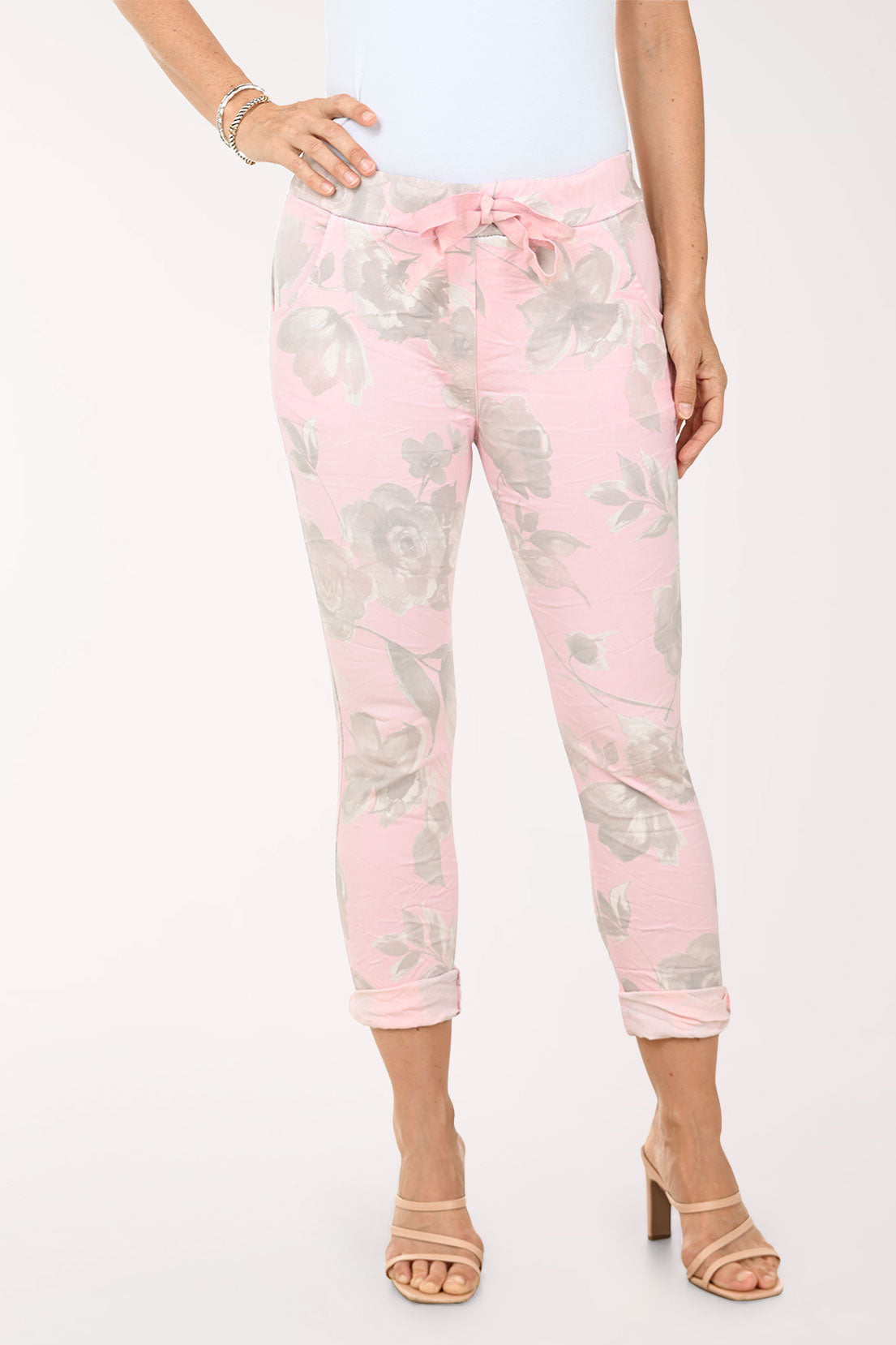 Woman wearing pink floral joggers