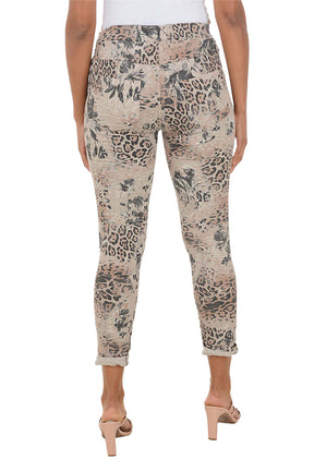 Patterned pants worn by a person on a white background. Back shot.