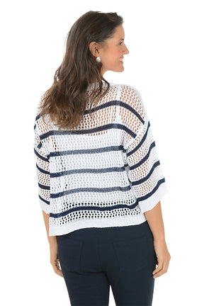 Woman wearing a white and navy striped sweater on a white background. Side shot.