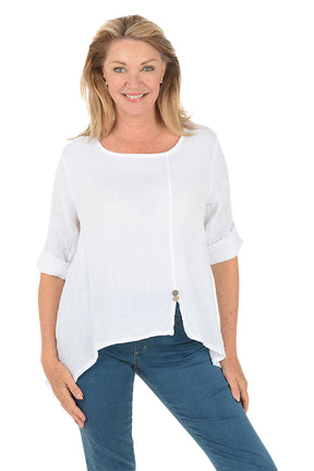 Woman wearing a white blouse and blue jeans on a white background.