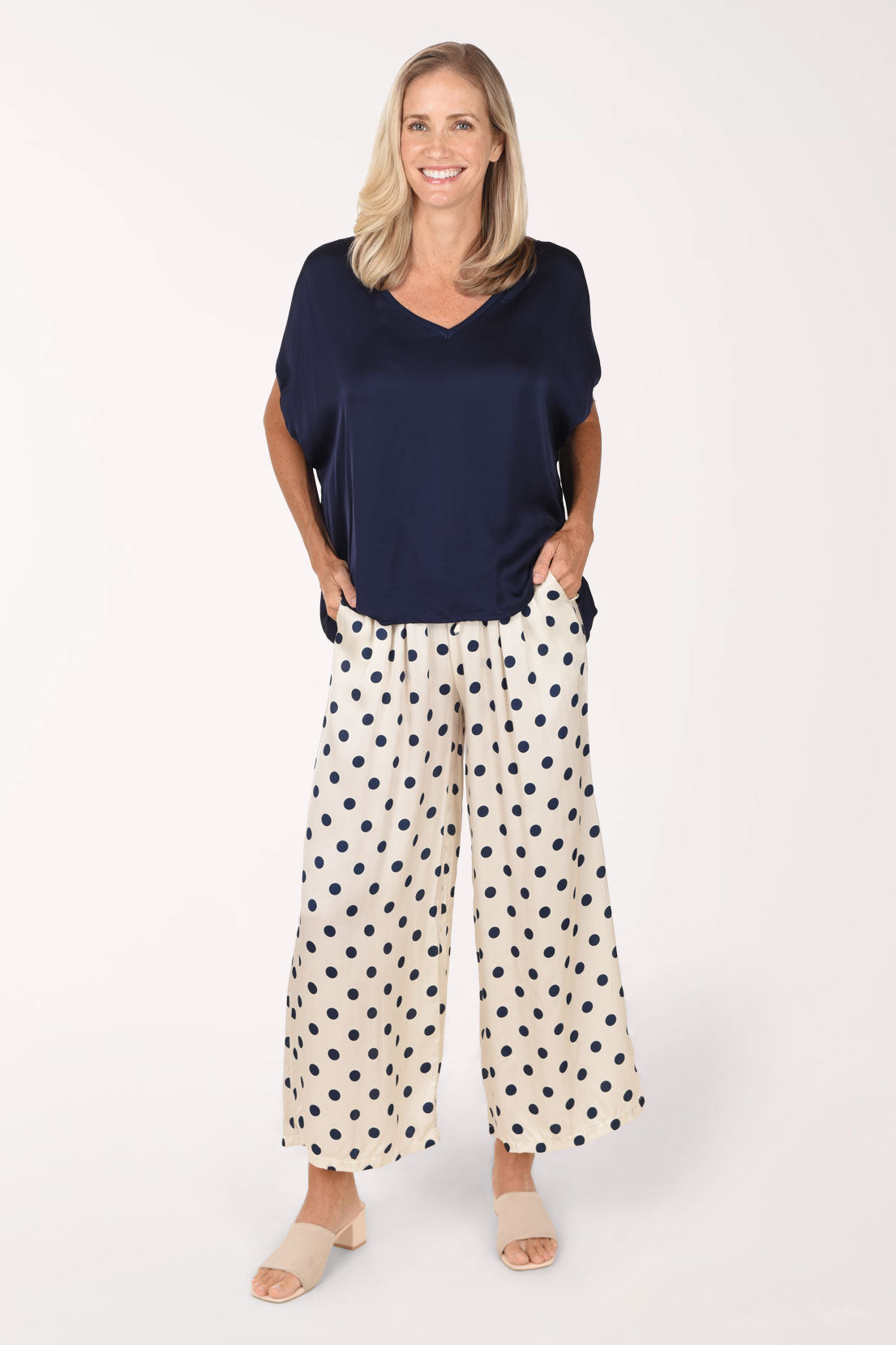 Off-White Polka Dot Satin Palazzo Pant