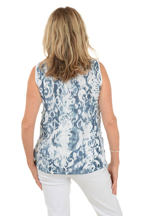 Navy Ikat Fringe Tiered Sleeveless Blouse