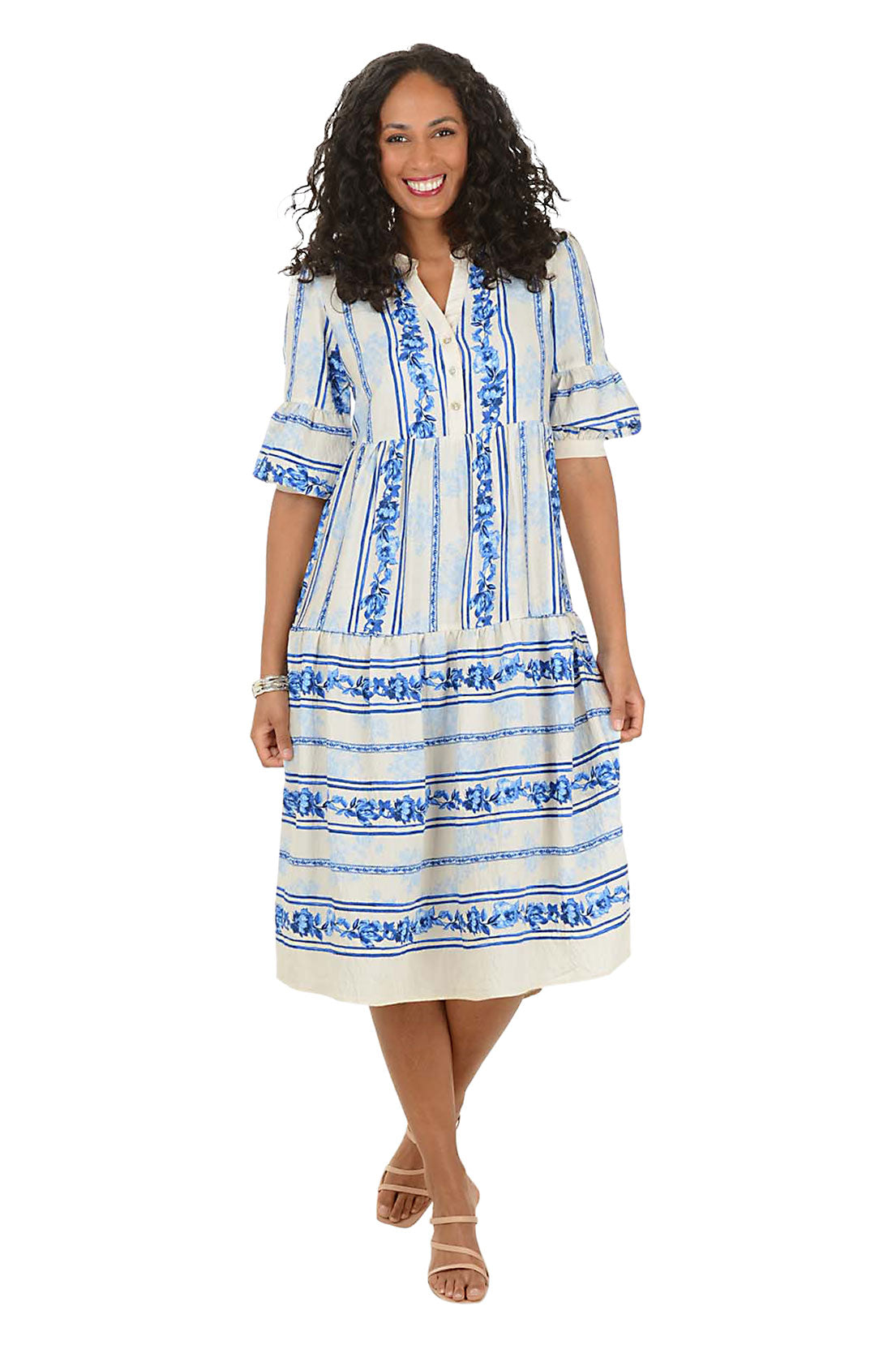 Woman wearing a blue and white patterned midi dress on a white background.
