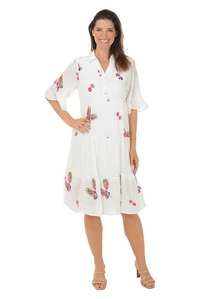 Peacock Feather Embroidered Tiered Dress