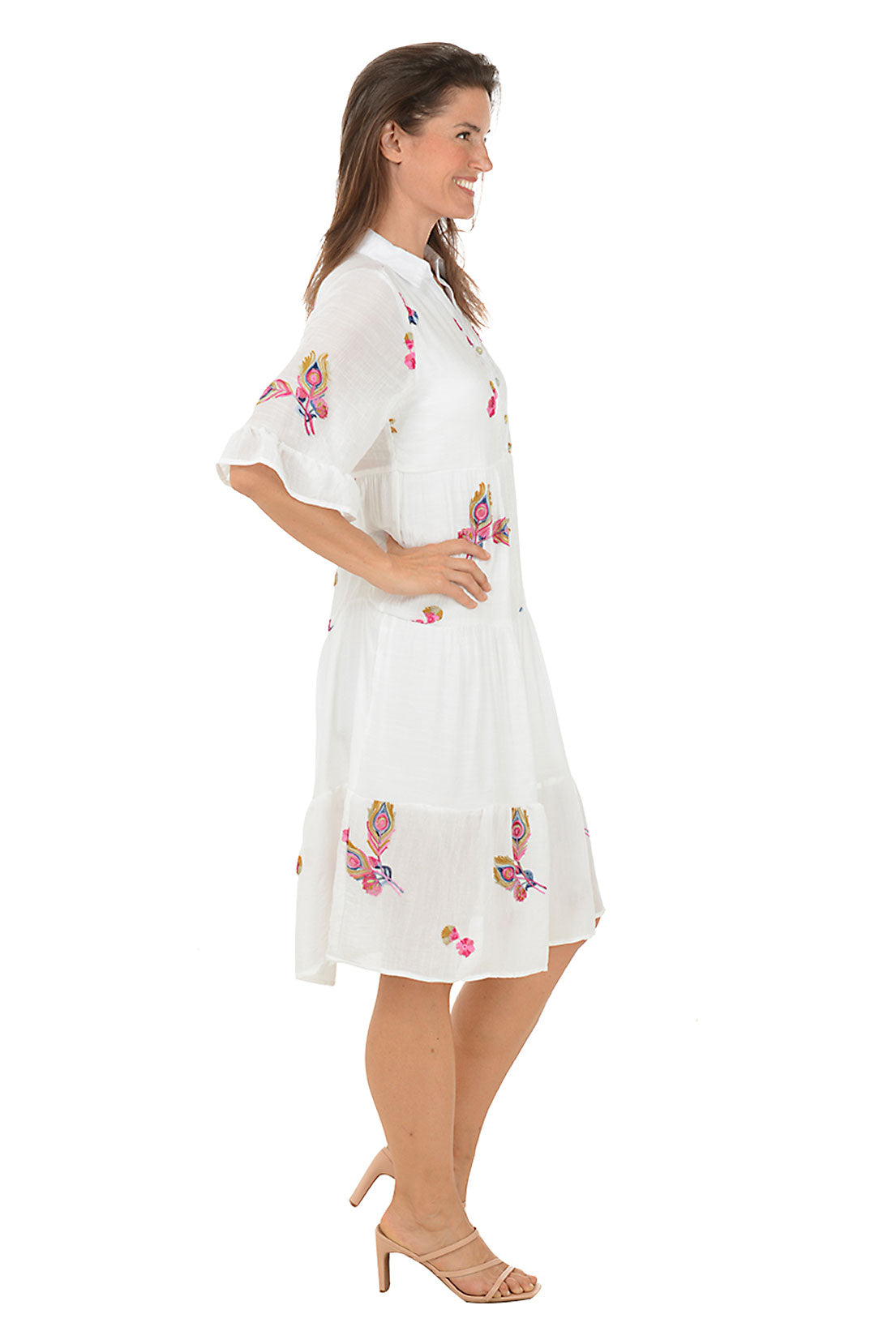 Peacock Feather Embroidered Tiered Dress