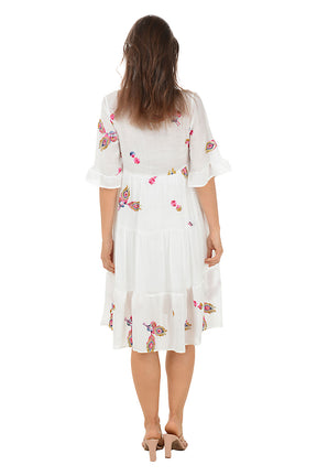 Peacock Feather Embroidered Tiered Dress