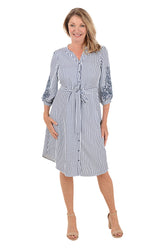 Embroidered Sleeve Seersucker Stripe Dress