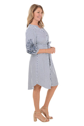 Embroidered Sleeve Seersucker Stripe Dress
