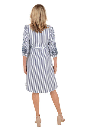 Embroidered Sleeve Seersucker Stripe Dress