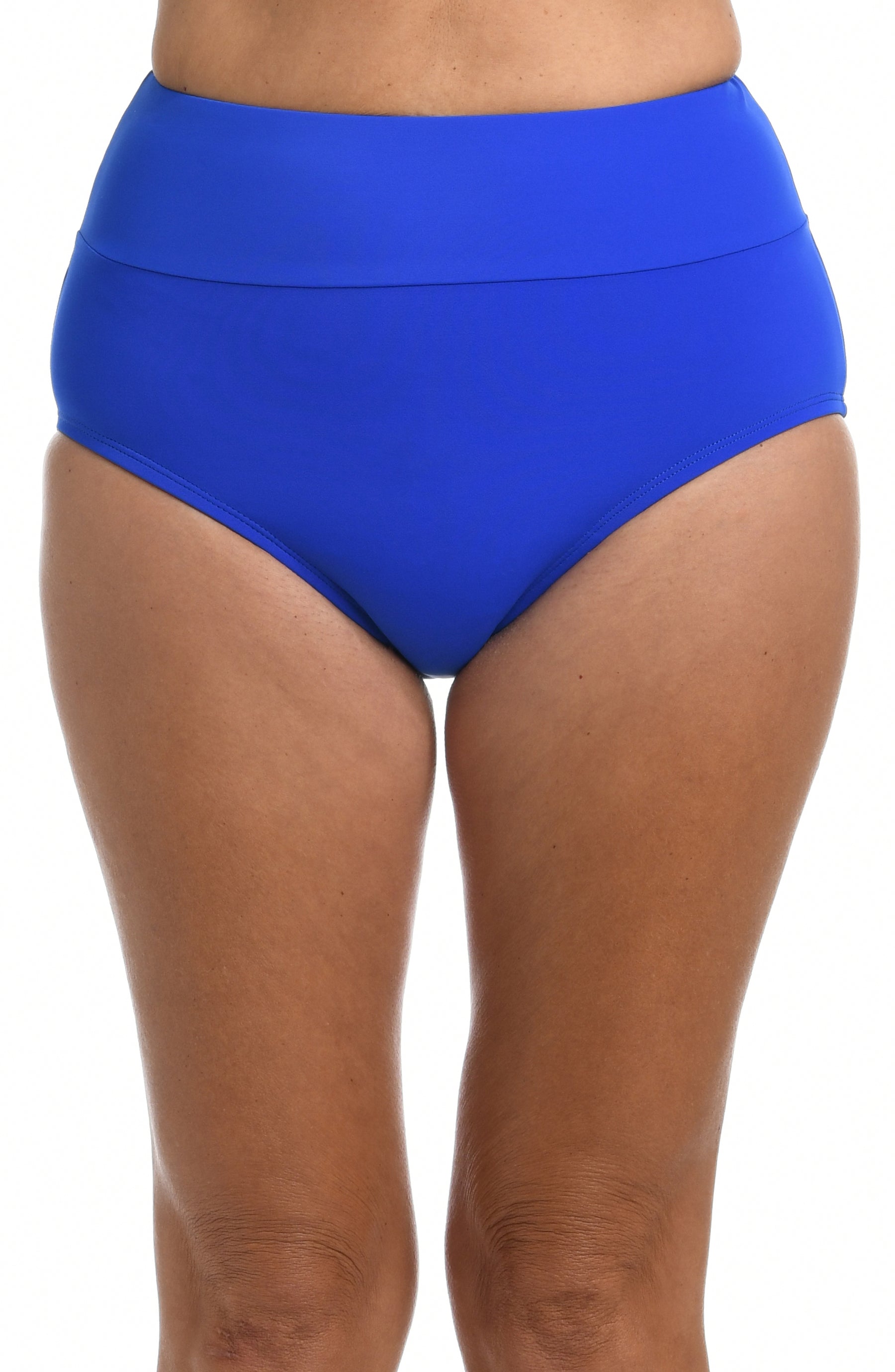 Person wearing cobalt blue mid-waist bikini bottoms on a white background.