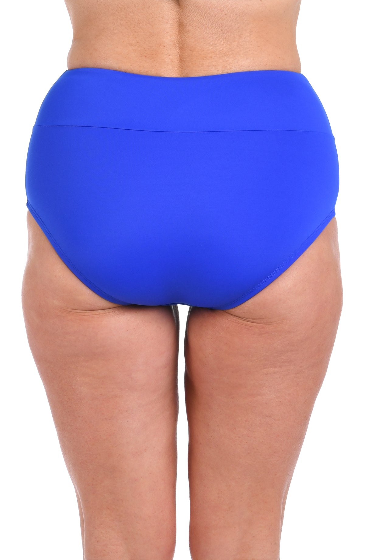 A rear view of a woman wearing a bright blue swim brief against a light colored background