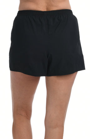 Black woven swim shorts worn by a person on a white background. Back shot.