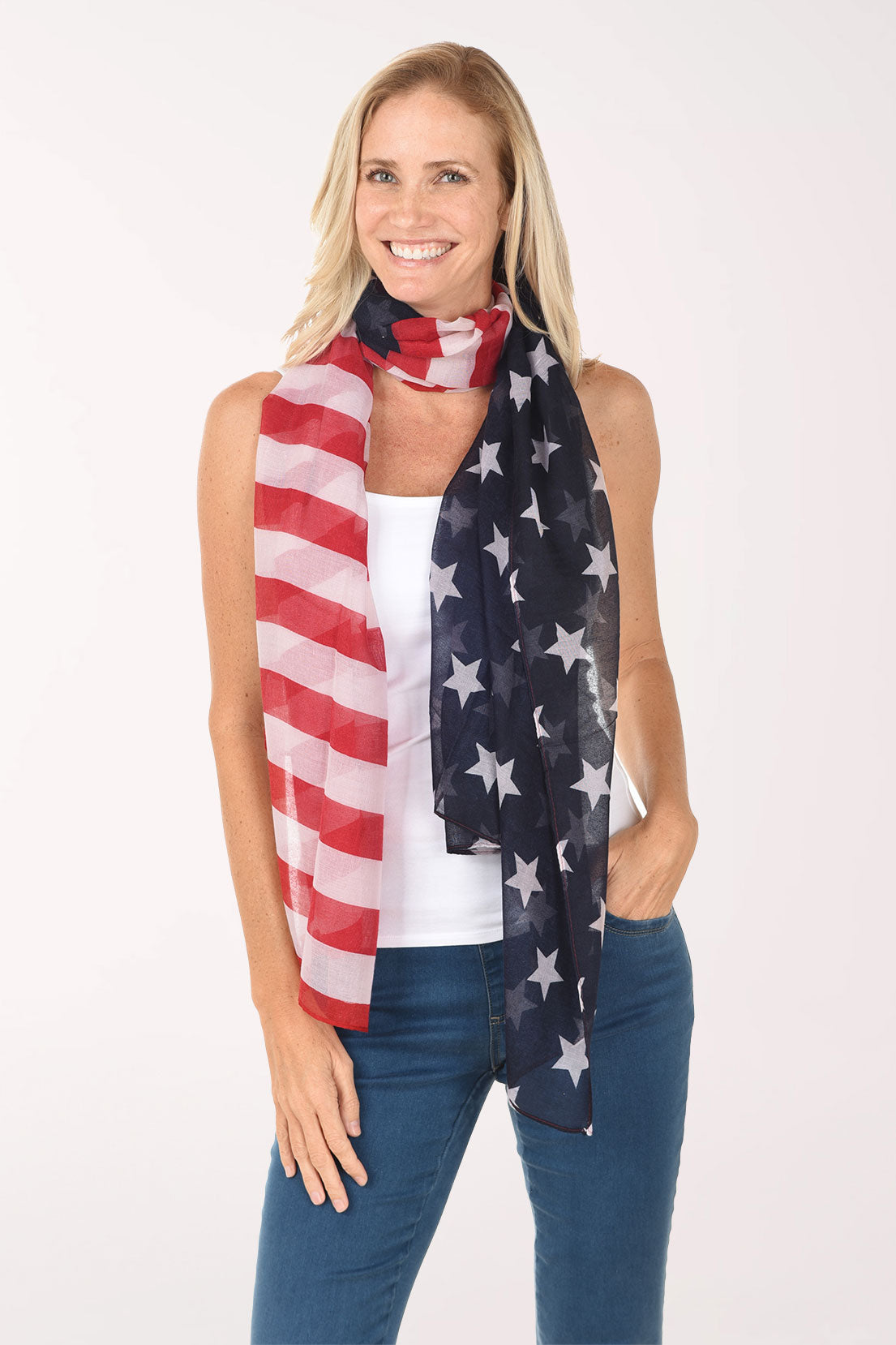 Woman wearing a USA flag patterned scarf on a white background