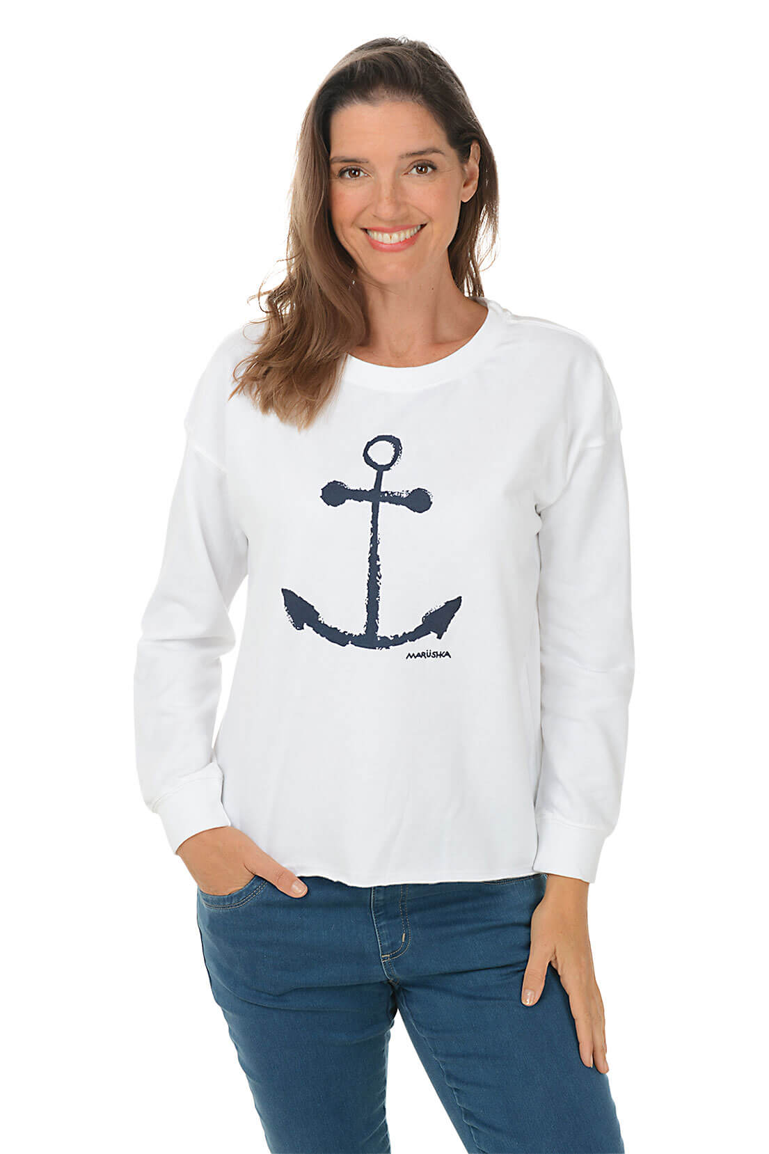 Woman wearing a white sweatshirt with an anchor design on a white background